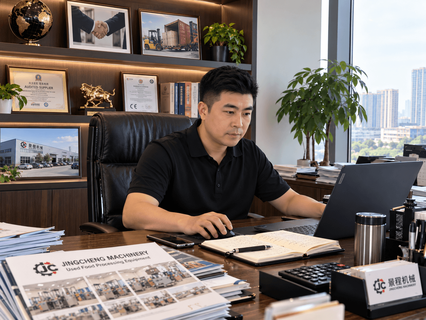 Jingcheng Machinery brand image showing an office setting and equipment information